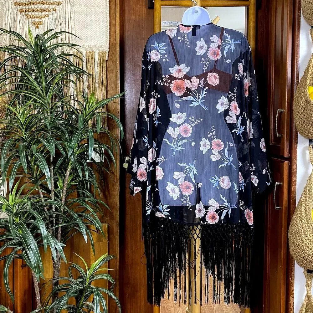 Torrid Fringe Kimono 3/4 Plus Size Sheer Floral Boho Shawl Wrap Festival Wedding - Picture 2 of 13